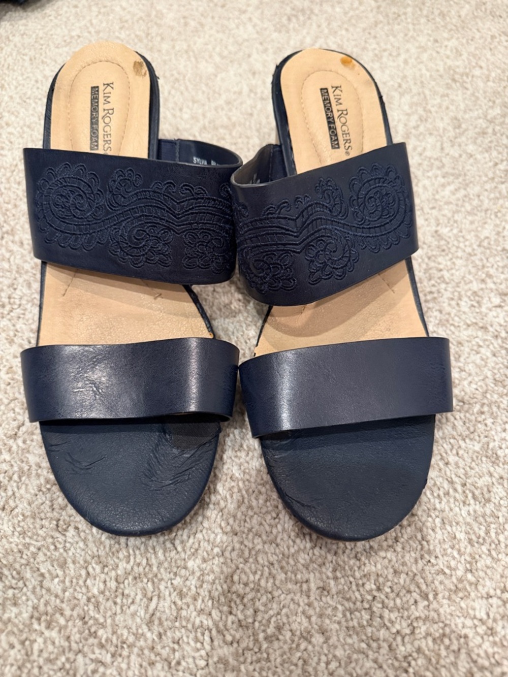 Kim Rogers Navy Double-Strap Embroidered Slide Sandal